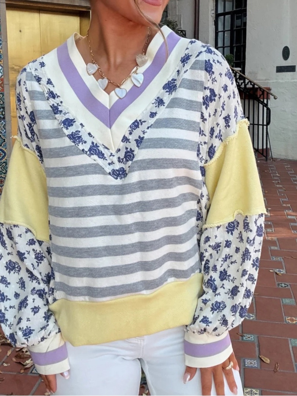 BucketList Floral Striped Multi-Patch Pullover Shirt Top mixed media stripe L